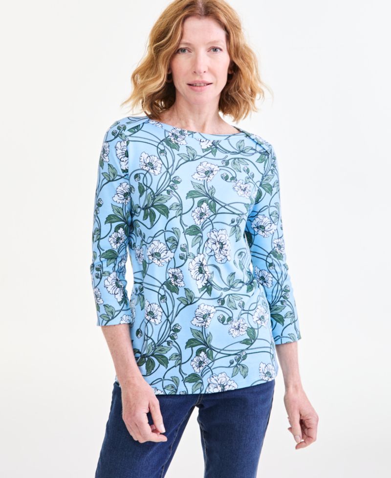 Petite Printed Pima Cotton 3/4-Sleeve Boat Neck Top