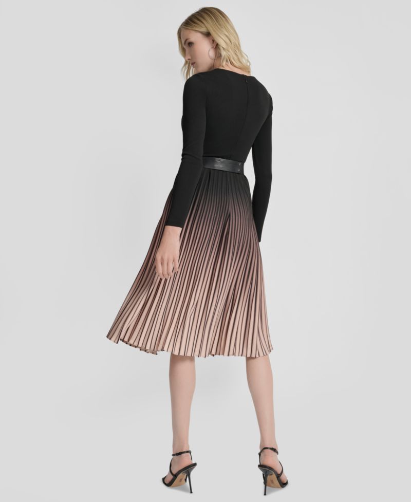 Women's Pleated Jewel Neck Belted Midi Dress