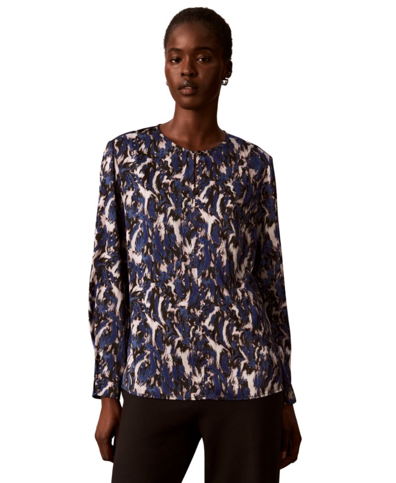 Women's Button-Front Long-Sleeve Crewneck Blouse