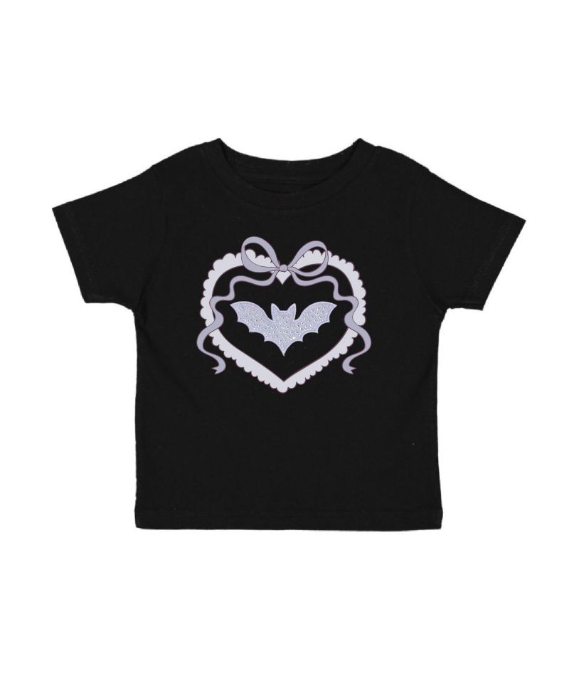 Little Girls Rhinestone Bat Patch Halloween Short Sleeve T-Shirt