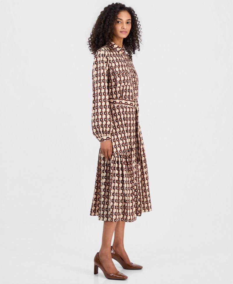 Women's Long-Sleeve Button-Down Peplum Midi Dress
