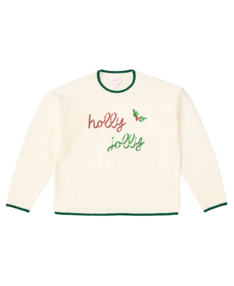 Girls' 7-16 Holly Jolly Long-Sleeve Crewneck Sequin Sweater