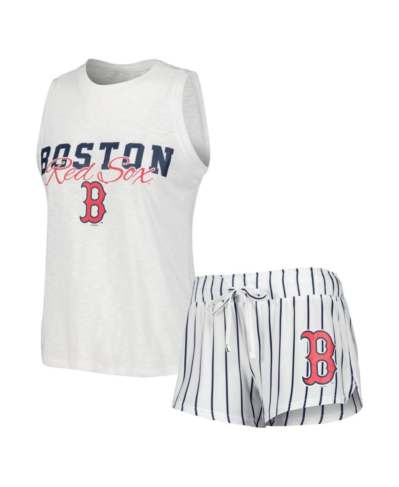 Women's White Boston Red Sox Reel Pinstripe Tank Top Shorts Sleep Set