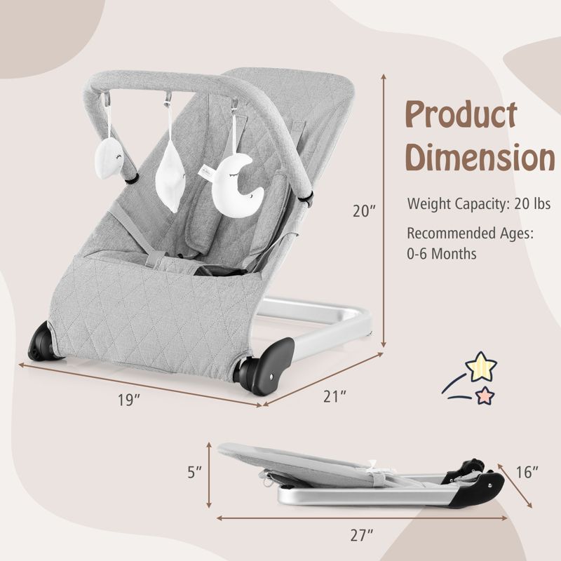 Foldable Infant Bouncer with Removable Fabric Cover and Activity Toy Bar-Grey