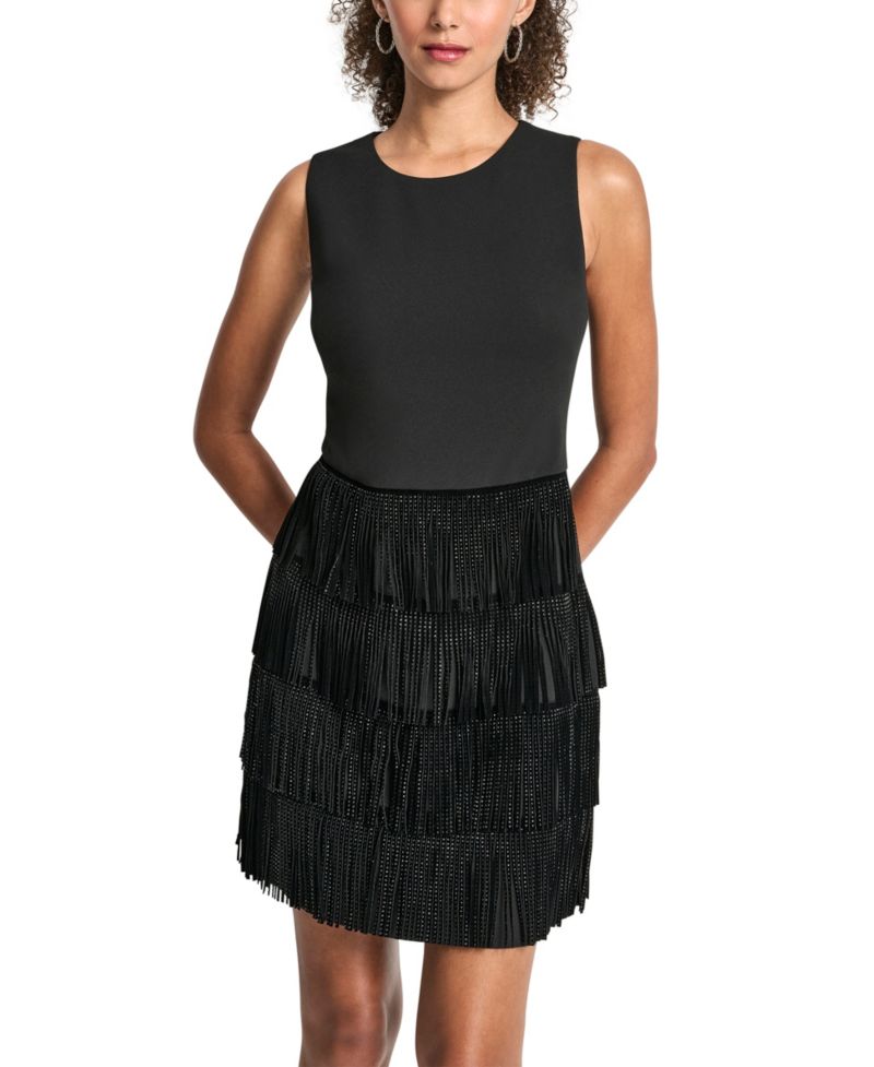 Women's Tiered-Fringe Sleeveless Crewneck Shift Dress