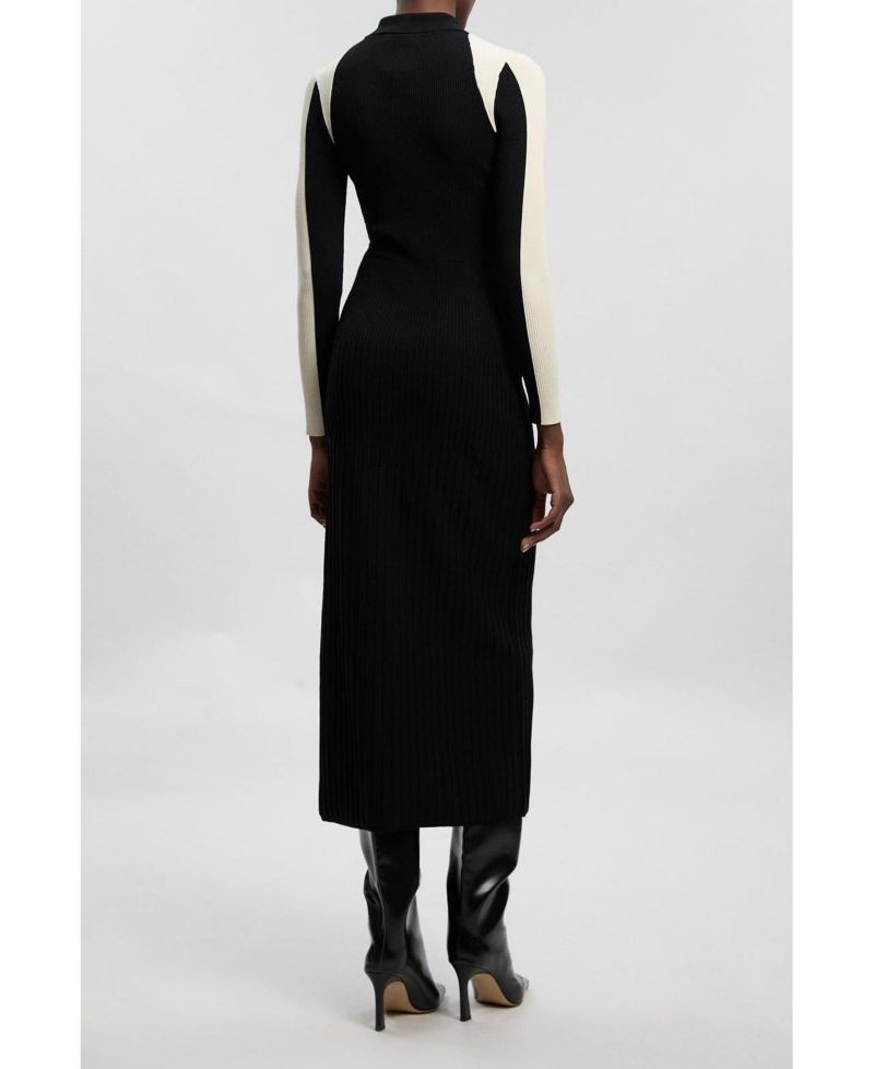 Women's Rib Knit Long Sleeve Military Midi Dress