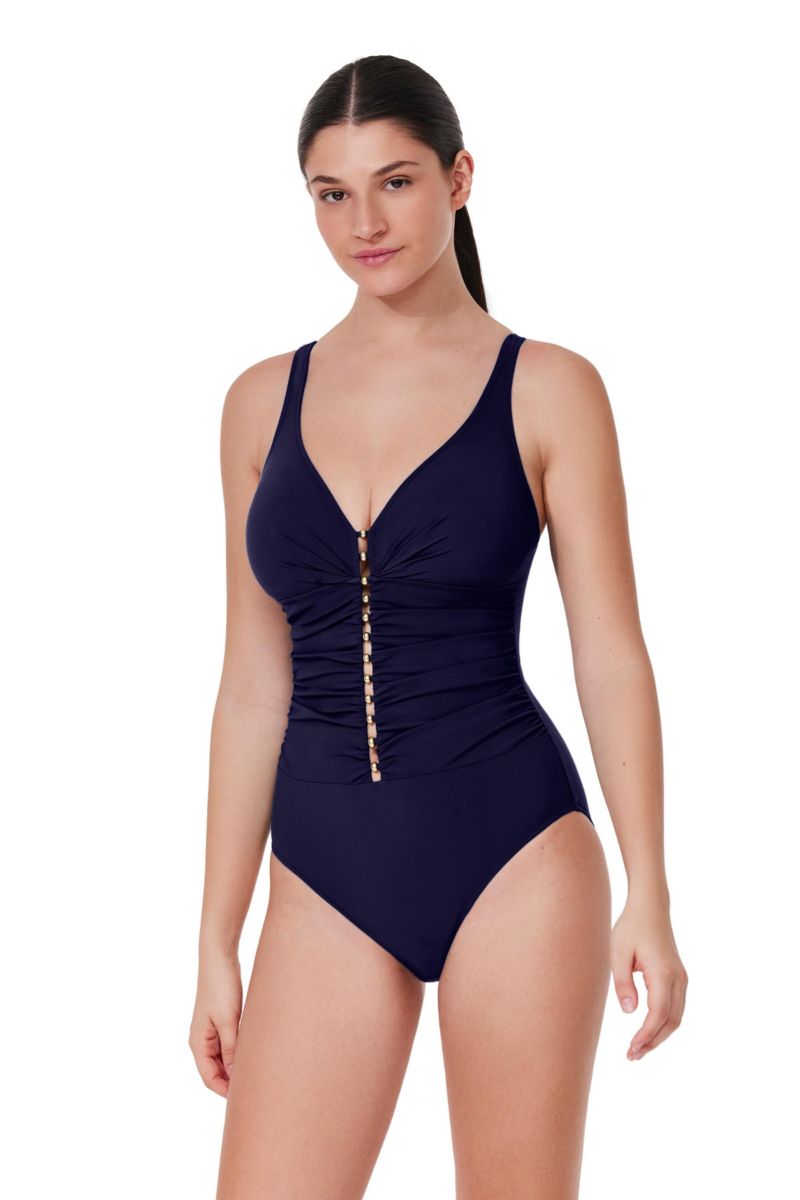 Women's Tutti Frutti Fashion D-Cup V-Neck Gold Beaded One Piece Swimsuit