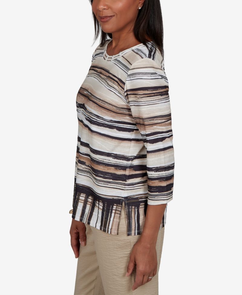 Petite Travel Advisory Scratched Stripes 3/4-Sleeve Striped Knit Top