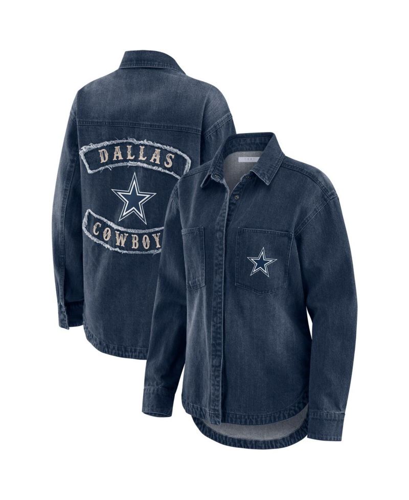 Women's Denim Dallas Cowboys Washed Oversized Denim Full-Snap Shacket