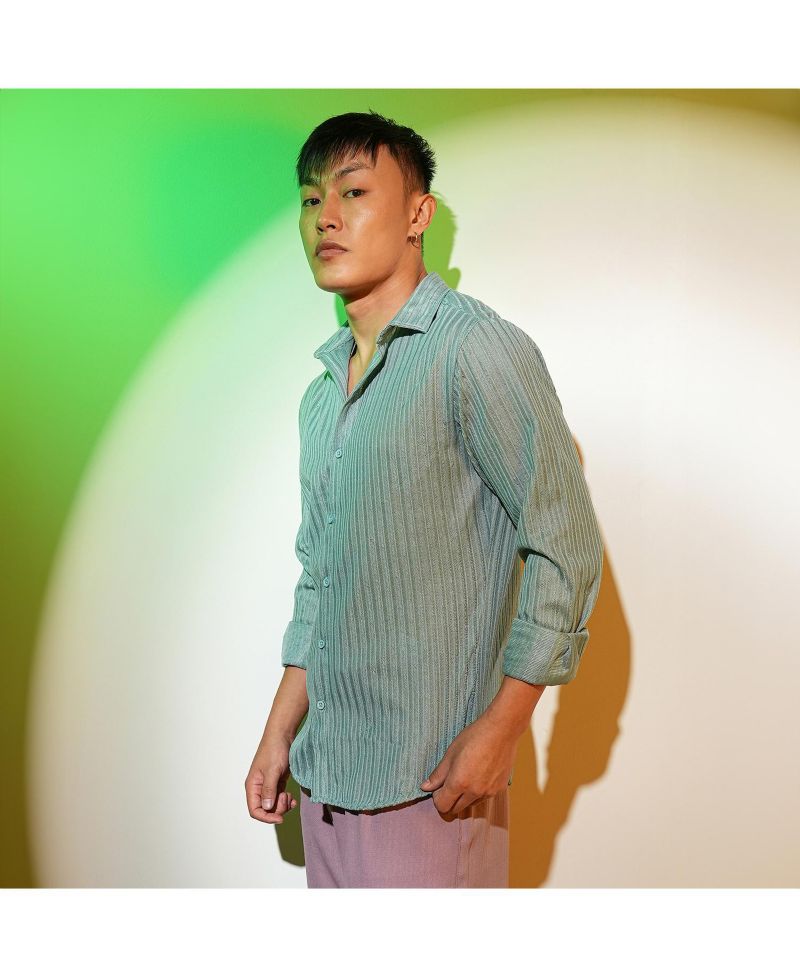Men's Sea Green Ribbed-Striped Shirt