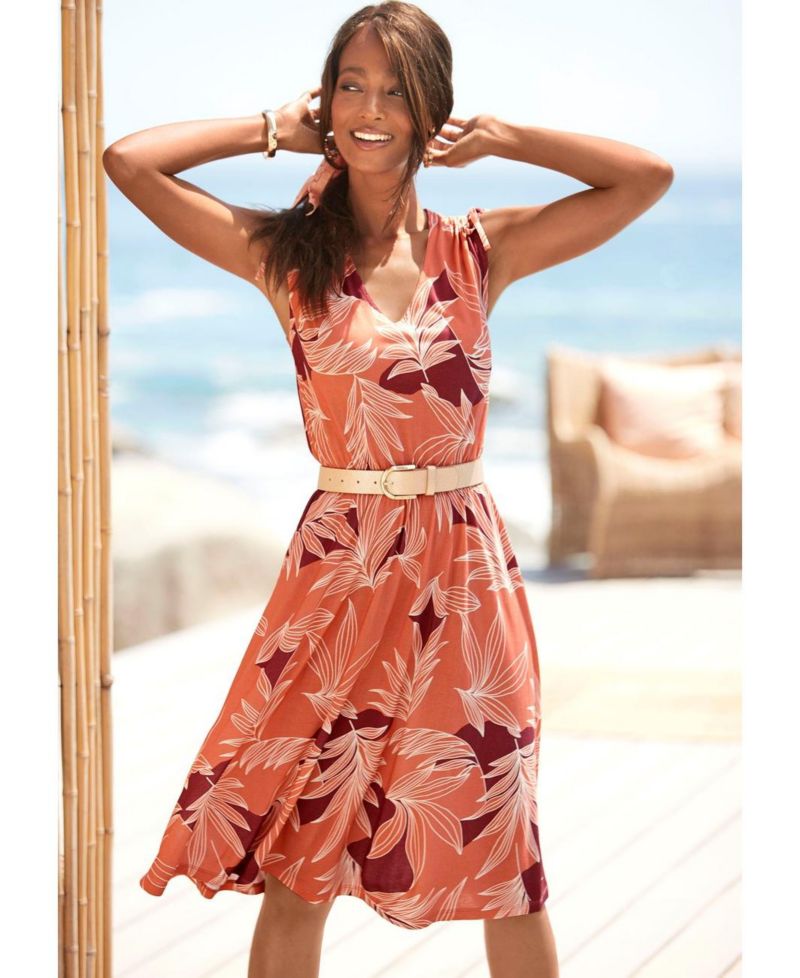 Women's Viscose Printed A-Line V-Neck Elastic-Waist Short Dress