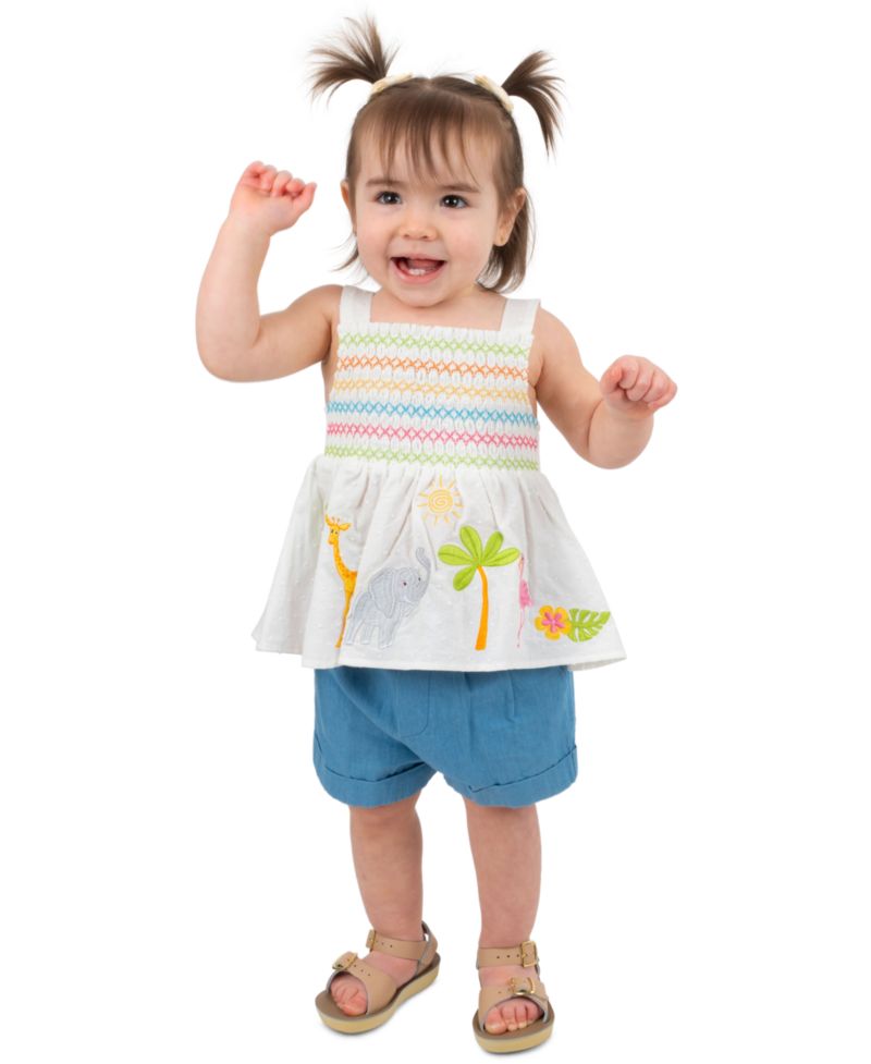 Baby Girls' Clipped Dot Animal Embroidered Top and Shorts, 2-Piece Set