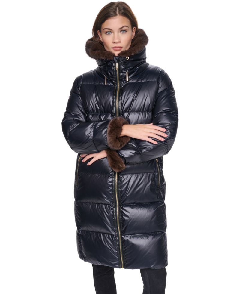Women's Long Faux Fur Cuff and Collared Puffer