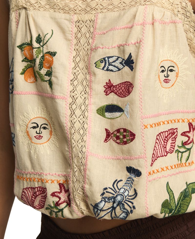 Women's Ocean Embroidered Square Neck Bubble Top