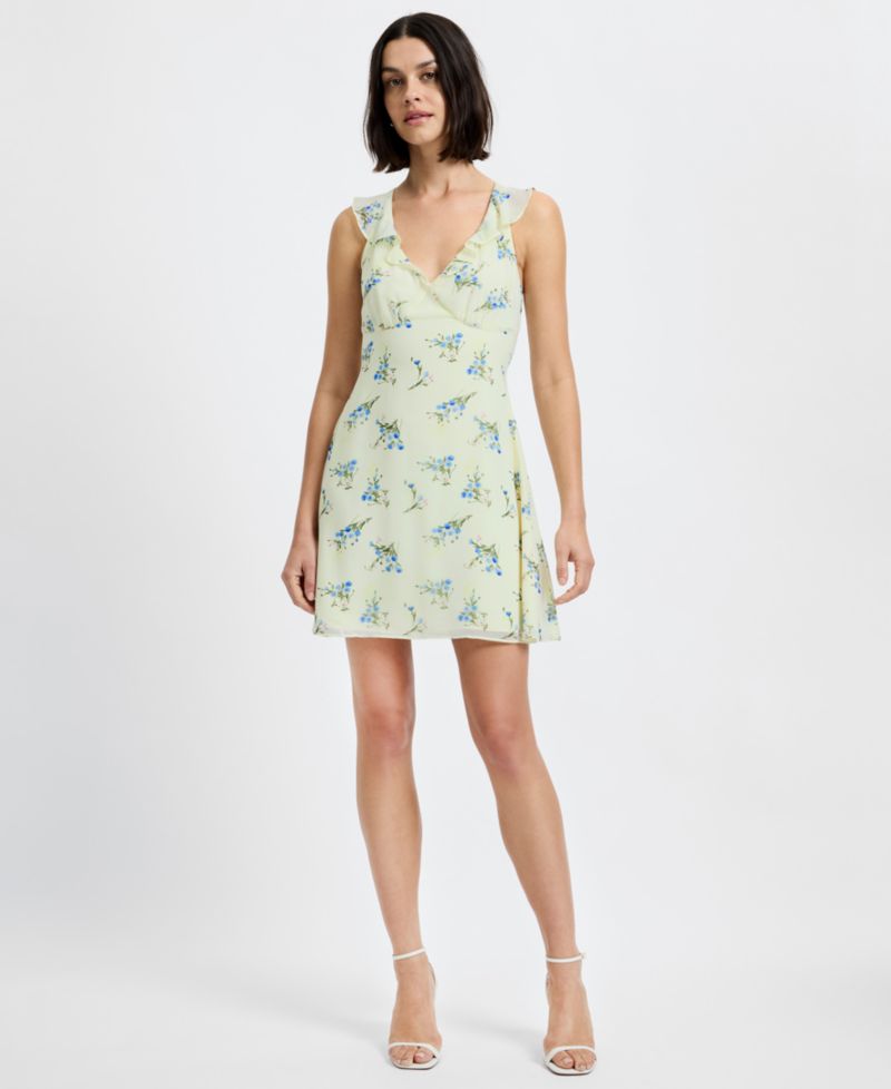Women's Yellow Floral V-Neck Sleeveless Mini Dress