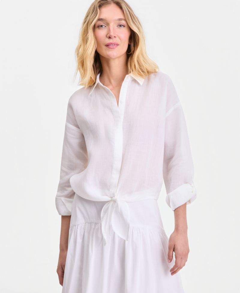 Women's Ramie Button-Front Tie-Hem Shirt