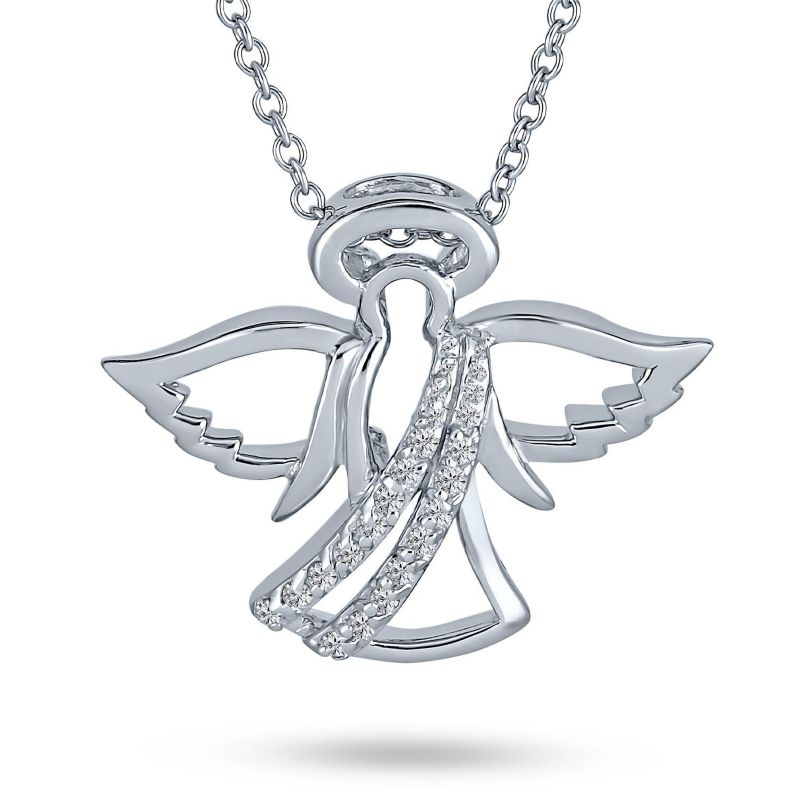 CZ Accent Protection Guardian Angel Pendant Necklace .925 Sterling Silver