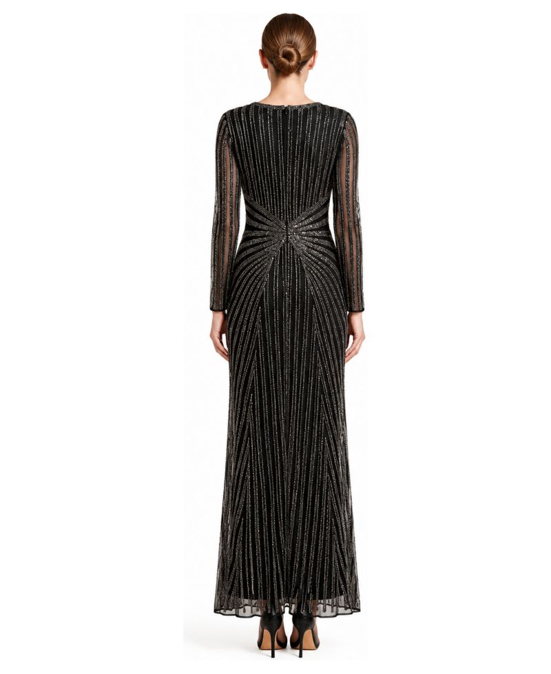 Women's Long-Sleeve Beaded V-Neck Gown
