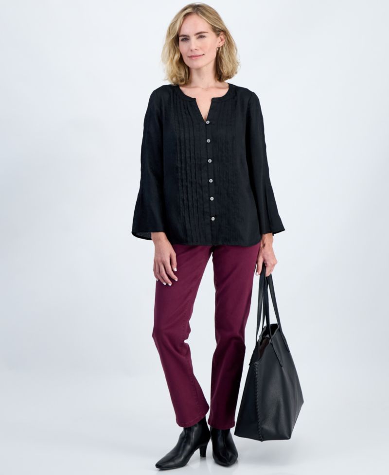 Petite Satin Bell-Sleeve Pintuck Blouse
