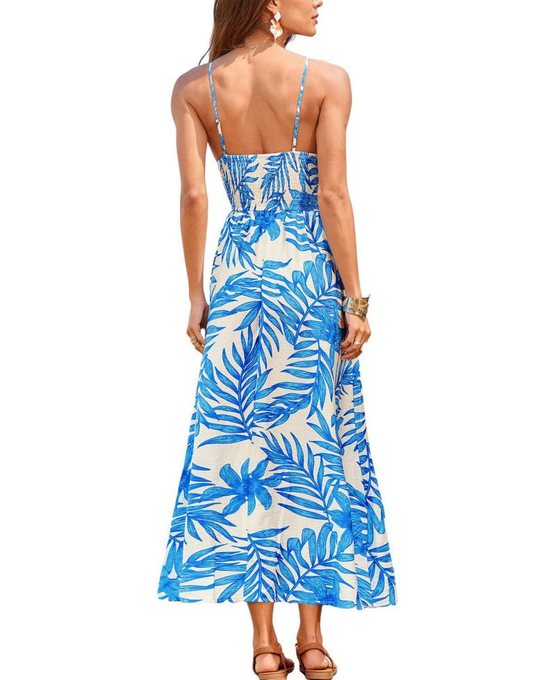 Women's V-Neck Leaf Print Beach Dress