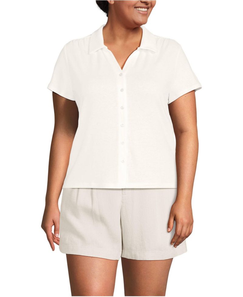 Women's Plus Size Linen Blend Short Sleeve Button Front Polo Top