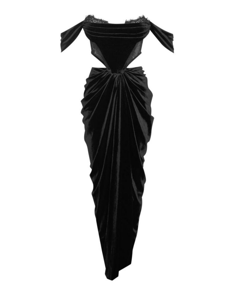 Women's Quintessa Black Lace Velvet Corset Off Shoulder Gown