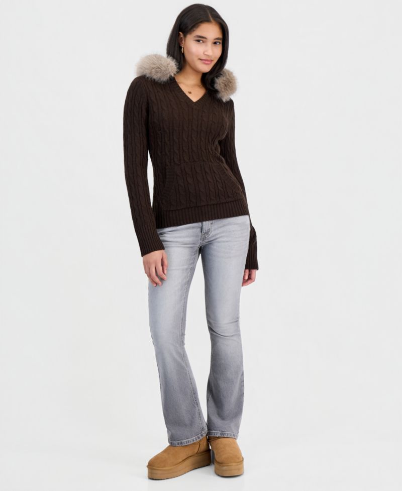 Juniors' Cable-Knit Hooded Faux-Fur Pullover