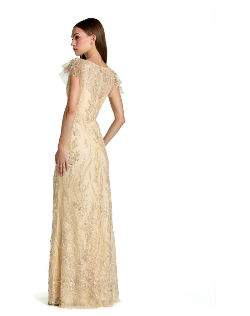 Women's V Neck Flutter Sleeve Embroidered Lace Gown