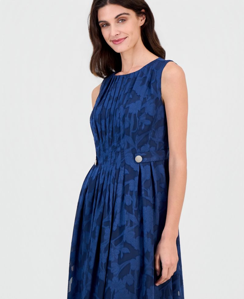 Women's Pleated-Front Button-Tab Scoop Neck A-Line Midi Dress