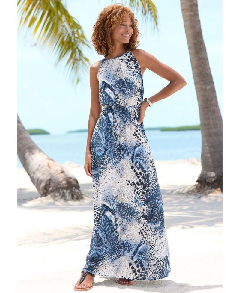 Women's Viscose Printed High Neck Sleeveless A-Line Maxi Dress