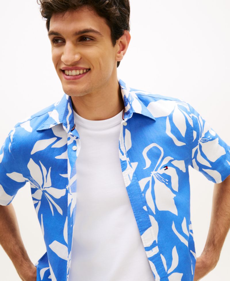 Men's Linen Flower Print Button-Down Shirt