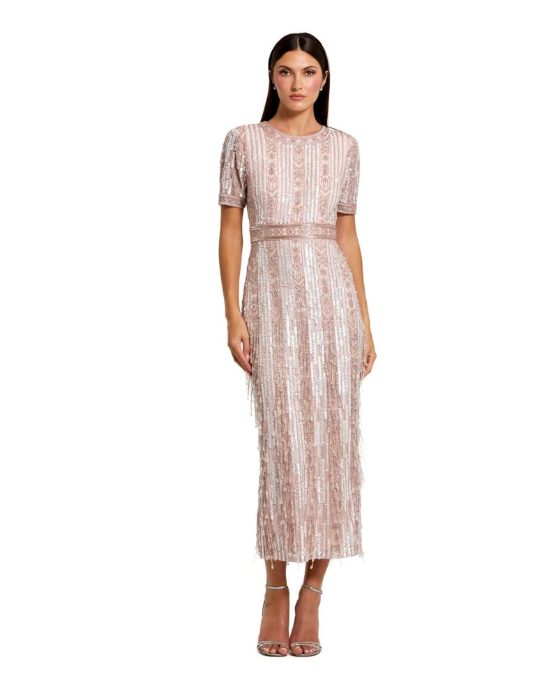 Women's High Neck Short Sleeve Crystal Fringe Column Dress