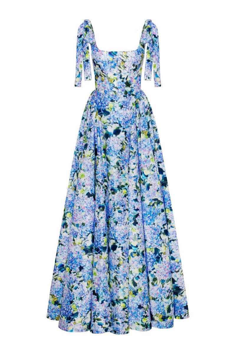 Womens Blue Hydrangea Strapped Maxi Dress