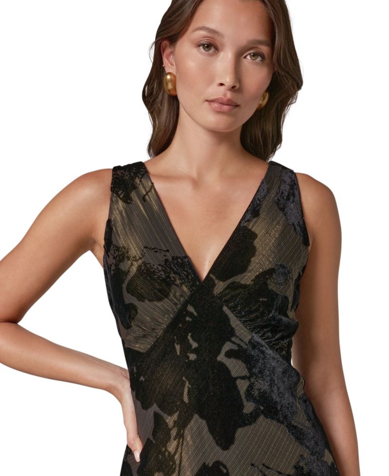 Women's Floral A-Line Metallic Velvet Burnout Midi Dress