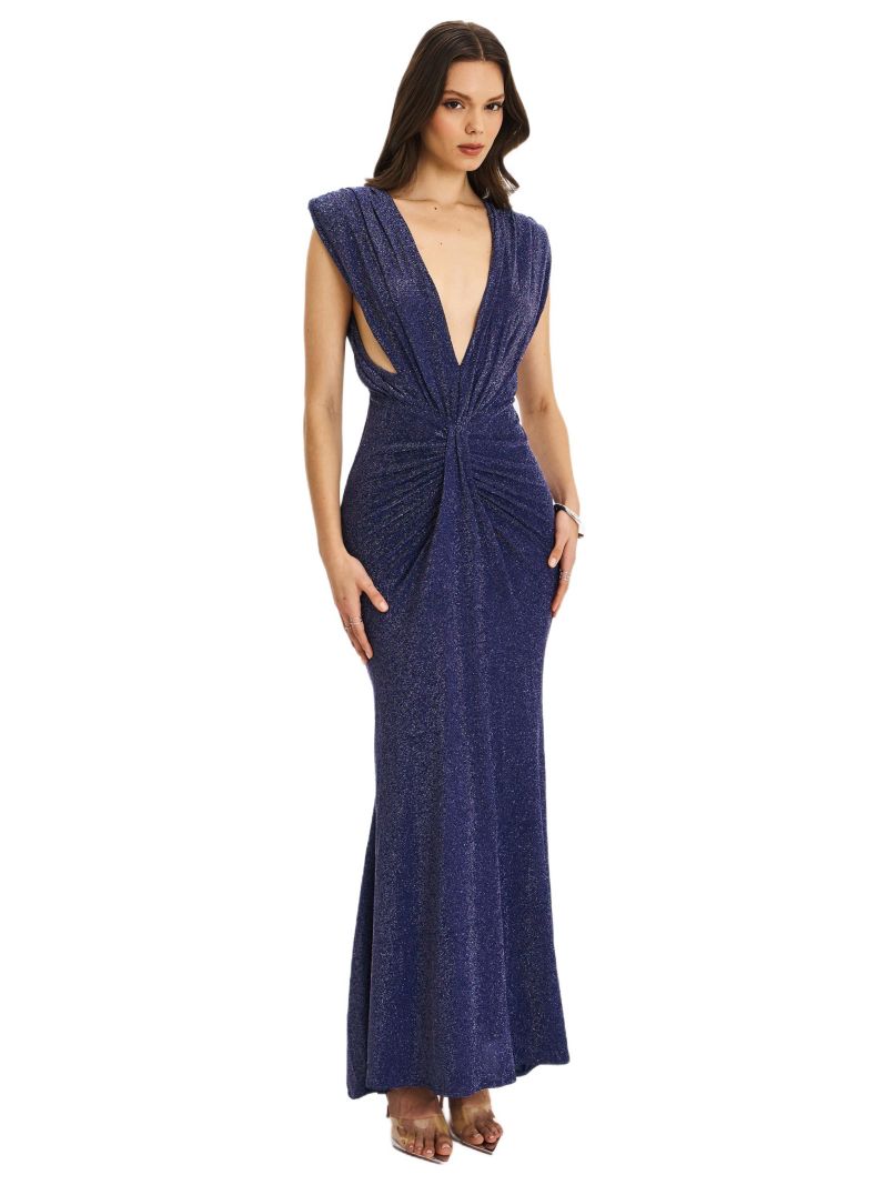 Women's Terri Navy Sparkle Plunging Backless Maxi Dress