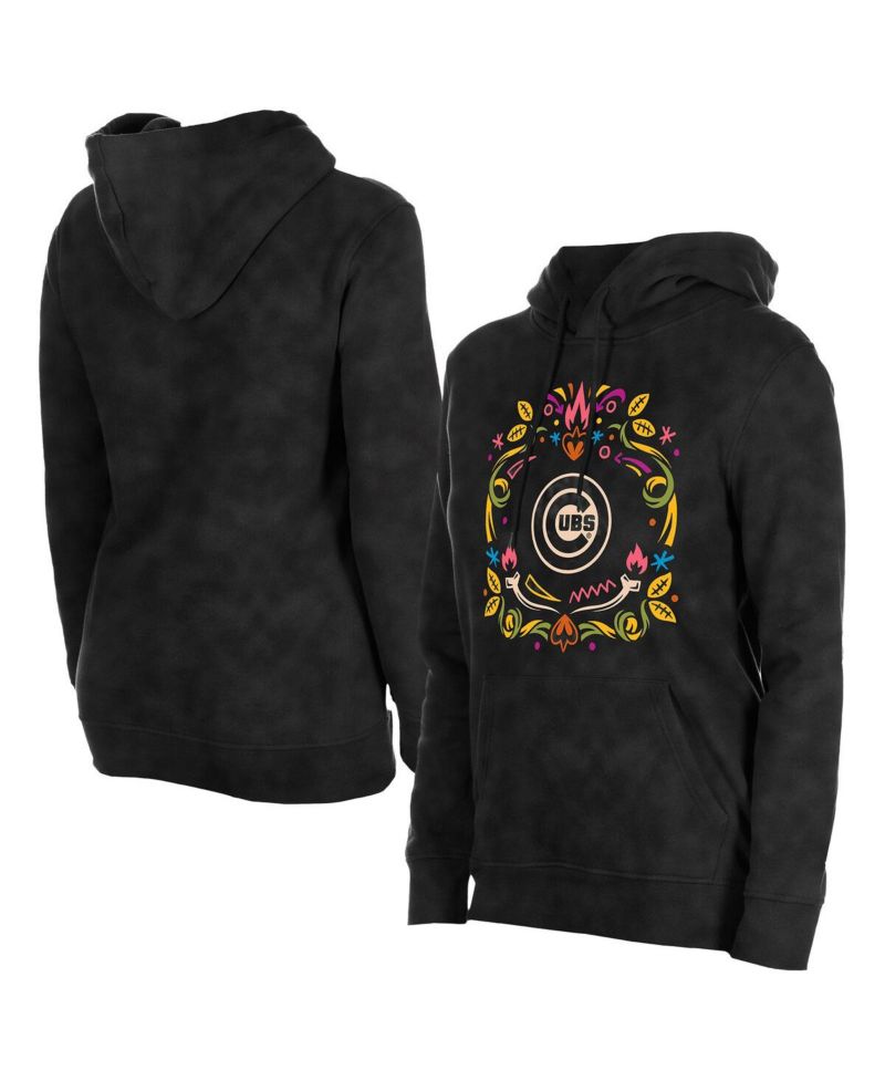 Women's Black Chicago Cubs Día de Muertos Mineral Wash Hoodie Sweatshirt