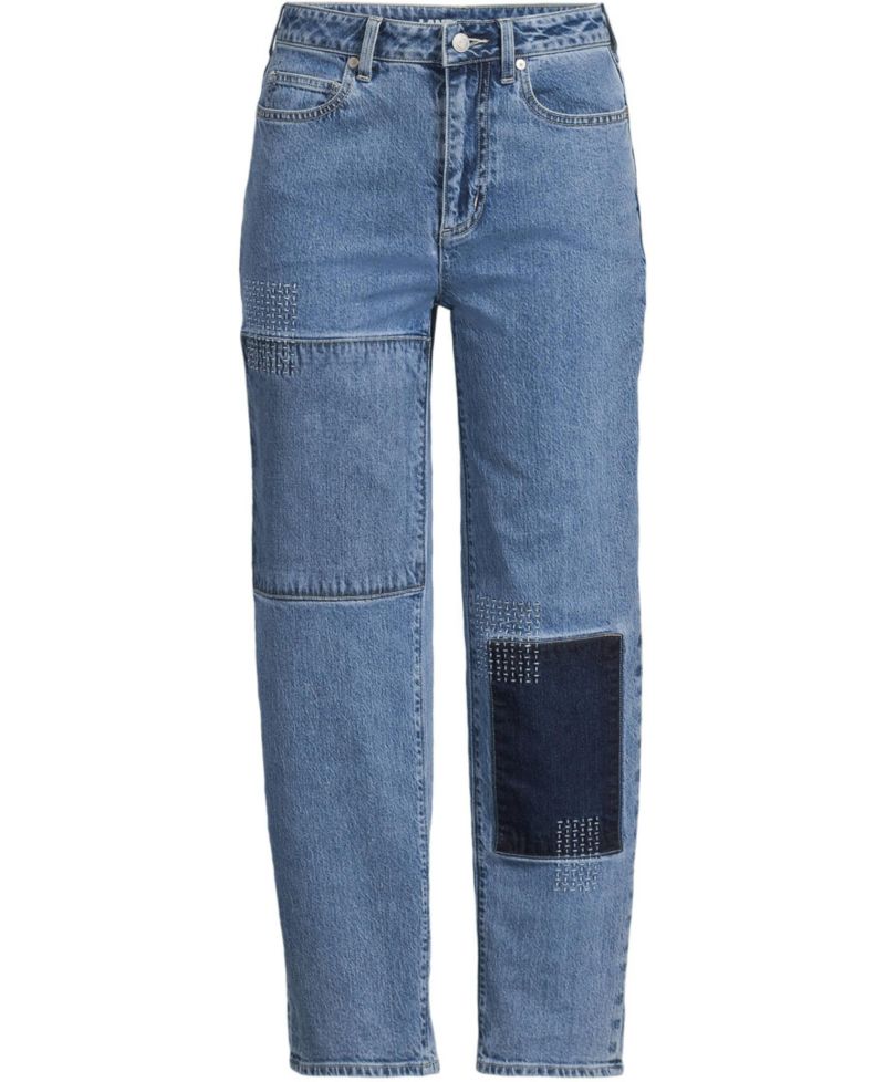 Women's Soft Denim Mid Rise Relaxed Straight Crop Patchwork Jeans