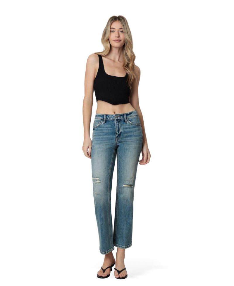 Women's Mid Rise Distressed Tinted Ankle Straight Jeans