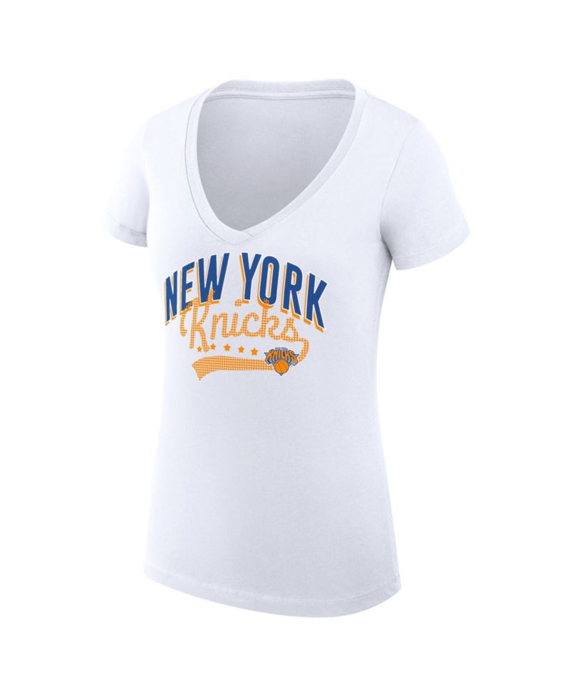 Women's White New York Knicks Super-Slim Fit Lightweight Filigree Logo V-Neck T-Shirt