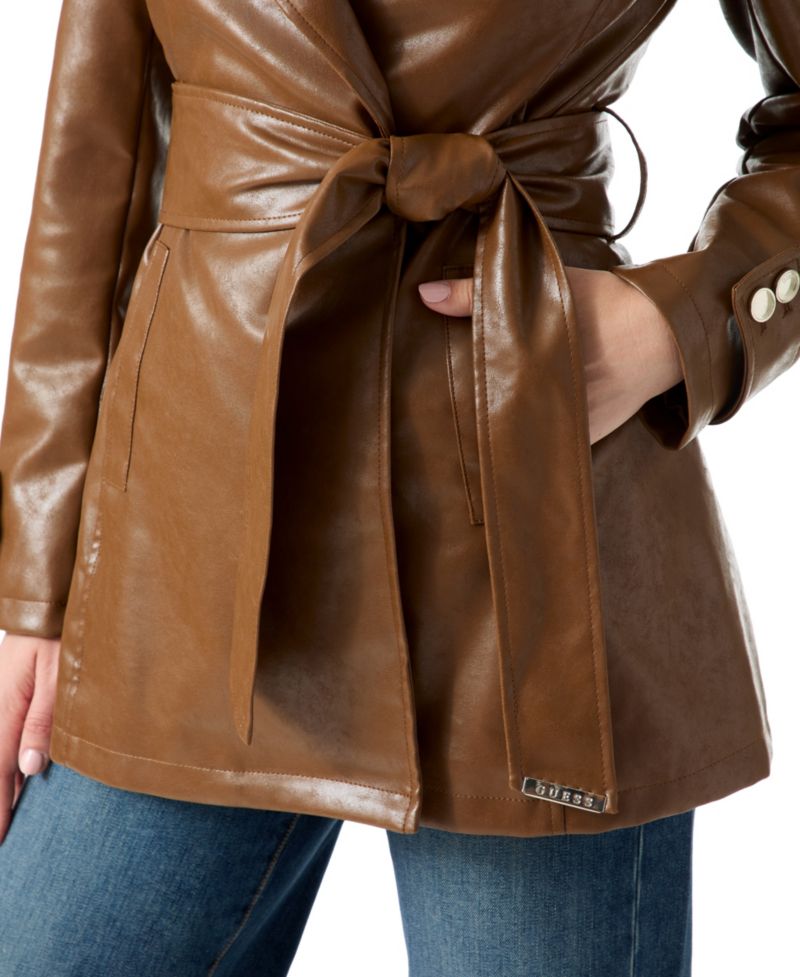 Women's Faux-Fur-Collared Belted Faux-Leather Trench Coat