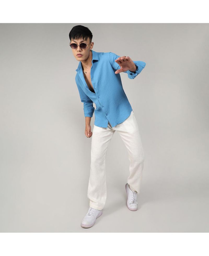 Men's Sky Blue Textured Micro Buffalo Check Shirt