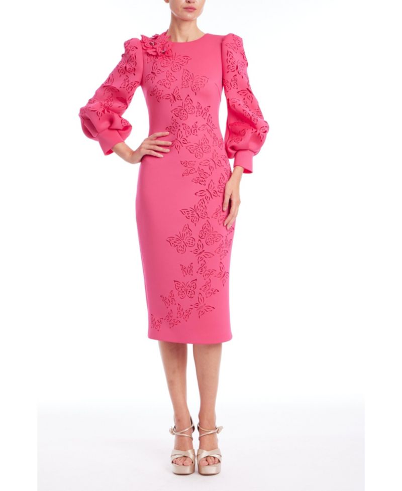 Women's Long Sleeve Butterfly Applique Scuba Midi Dress