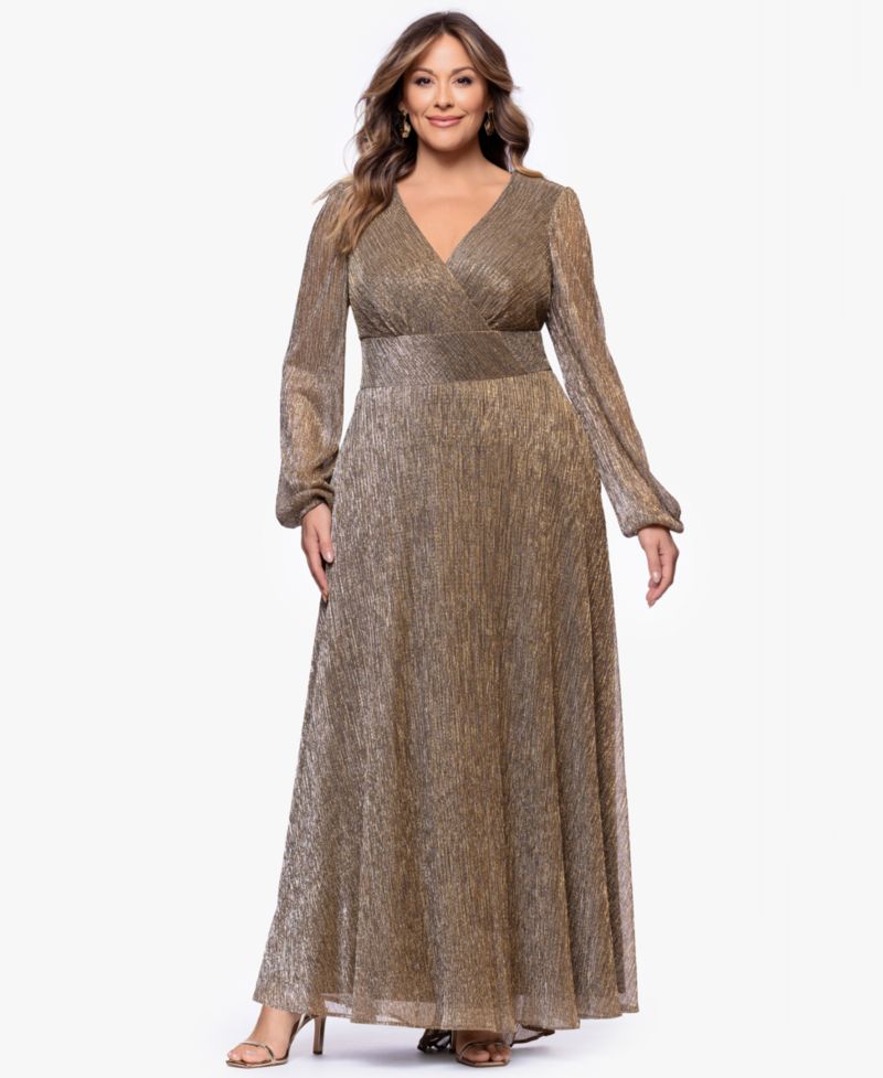 Plus Metallic V-Neck Long-Sleeve Gown