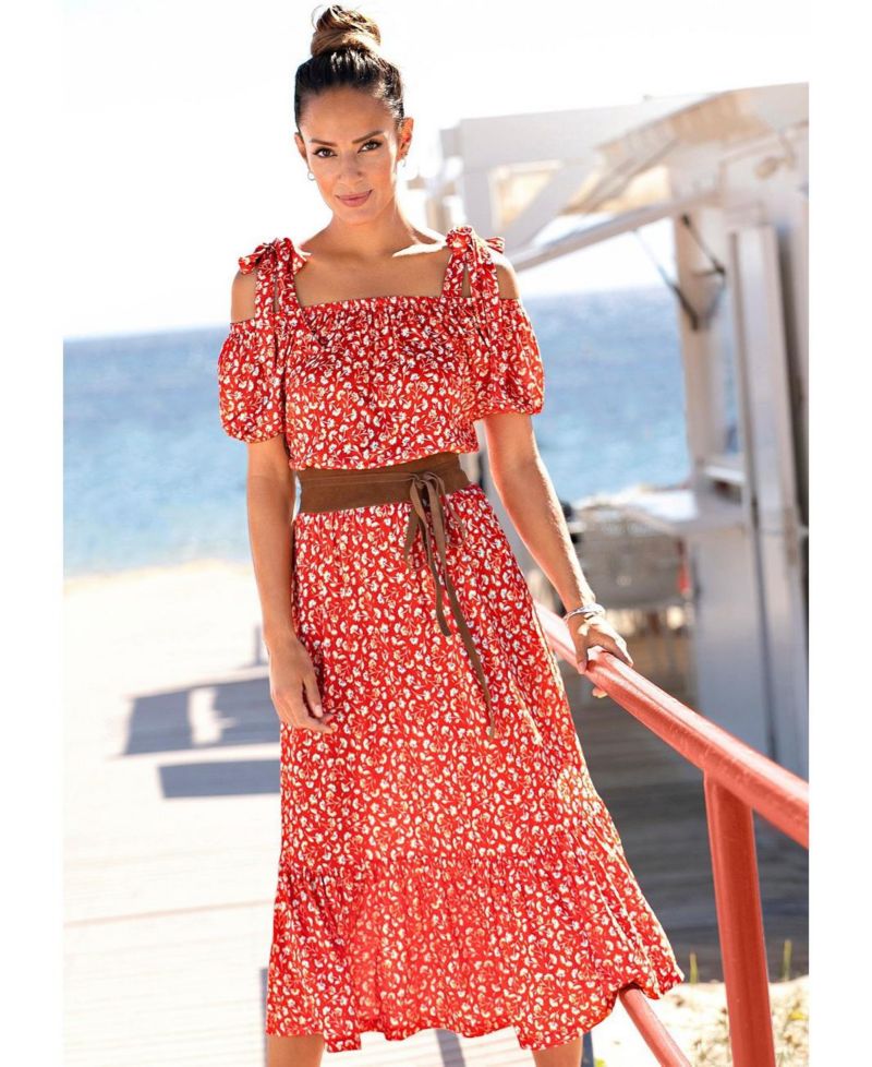 Women's Viscose Floral Print Pattern Elastic-Waist Midi Dress