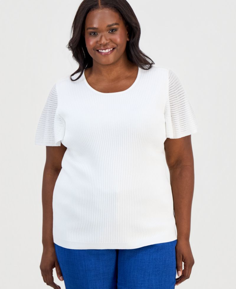 Petite Crewneck Flutter-Sleeve Rib-Knit Sweater