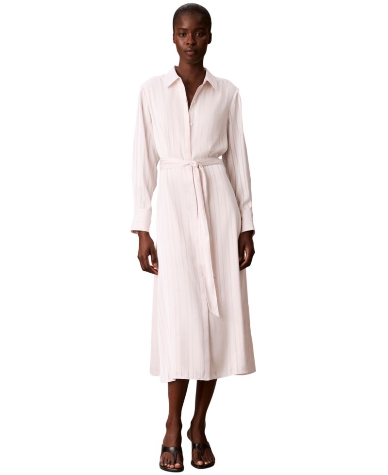 Women's Long-Sleeve Satin-Stripe Midi Shirt Dress