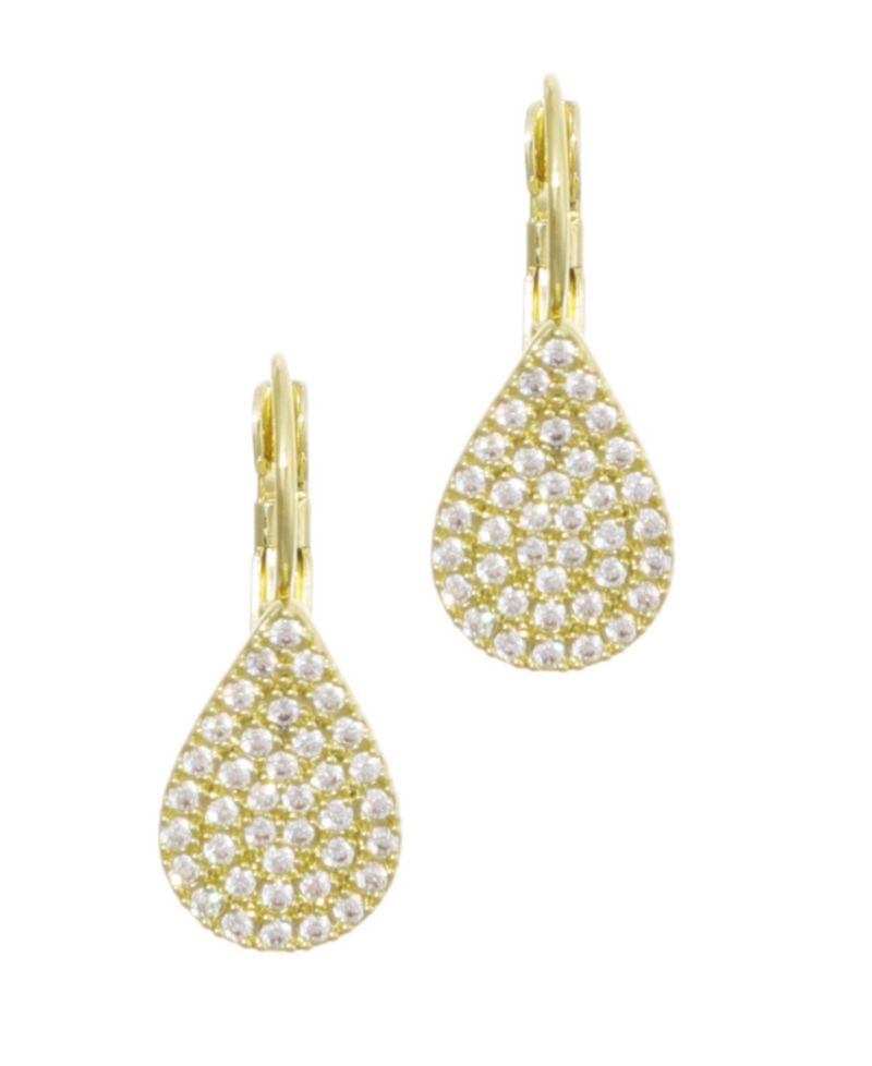 Gold Cubic Zirconia Pave Pear Drops with French Earrings