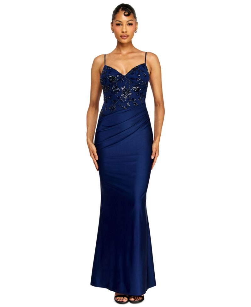 Juniors' V-Neck Beaded Sequin Asymmetrical Waist Gown
