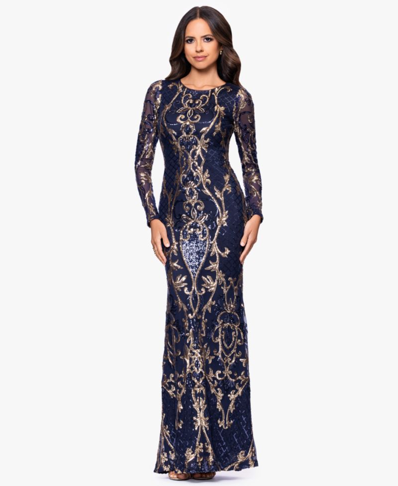 Betsy & Adam Plus Size Sequined Long-Sleeve Sheath Gown