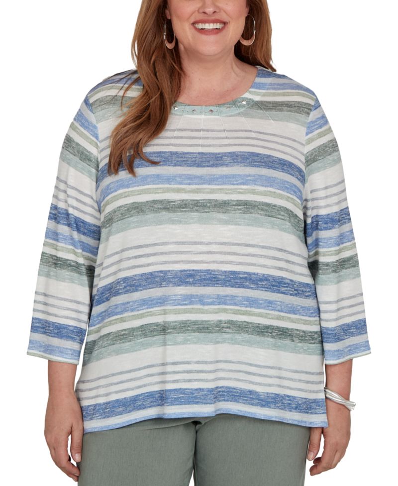 Plus Size Provence Striped Crewneck 3/4-Sleeve T-Shirt